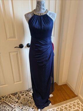 Alex Evenings Navy Halter Gown with Beaded Collar